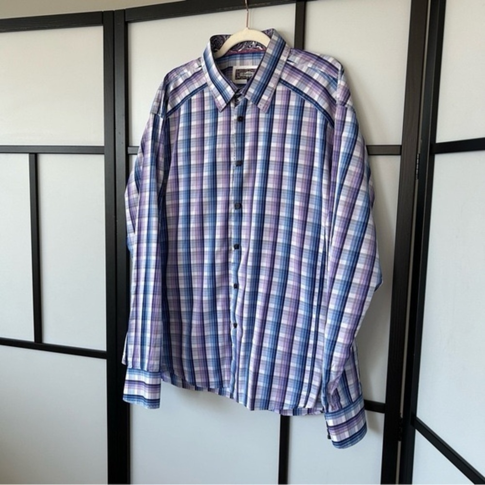 Downie Street Men Blue Purple & White Plaid Long Sleeve Cotton Dress Shirt